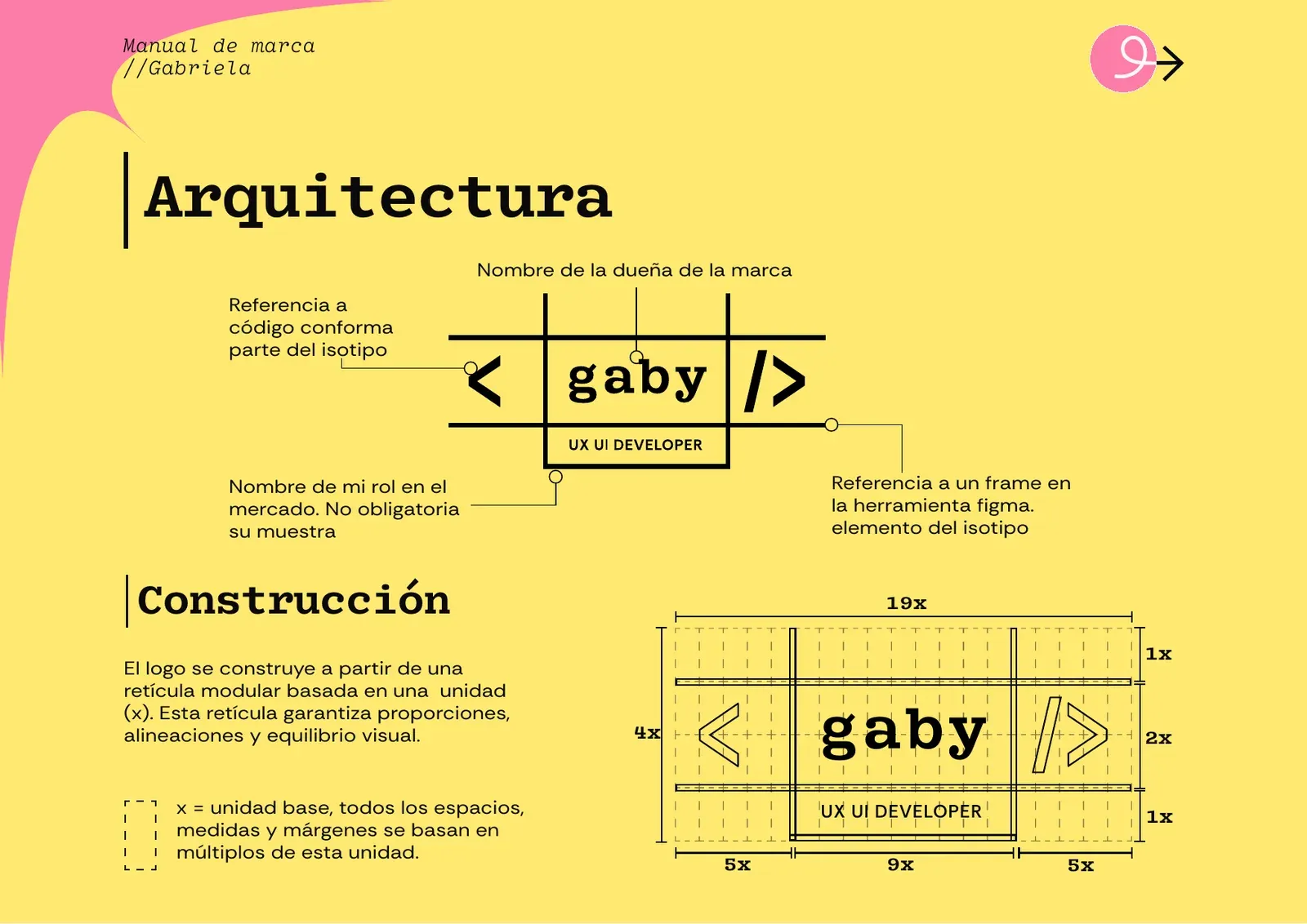 Arquitectura y construcción del logo gaby sobre una retícula modular