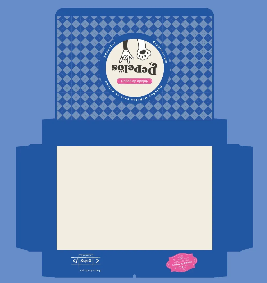 Diseño de la parte externa con patrón de rombos azules y el sello de la marca