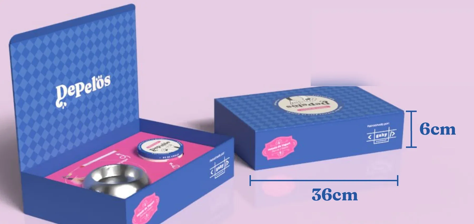Caja DePelös abierta y cerrada, de 36 cm de ancho por 6 cm de altura