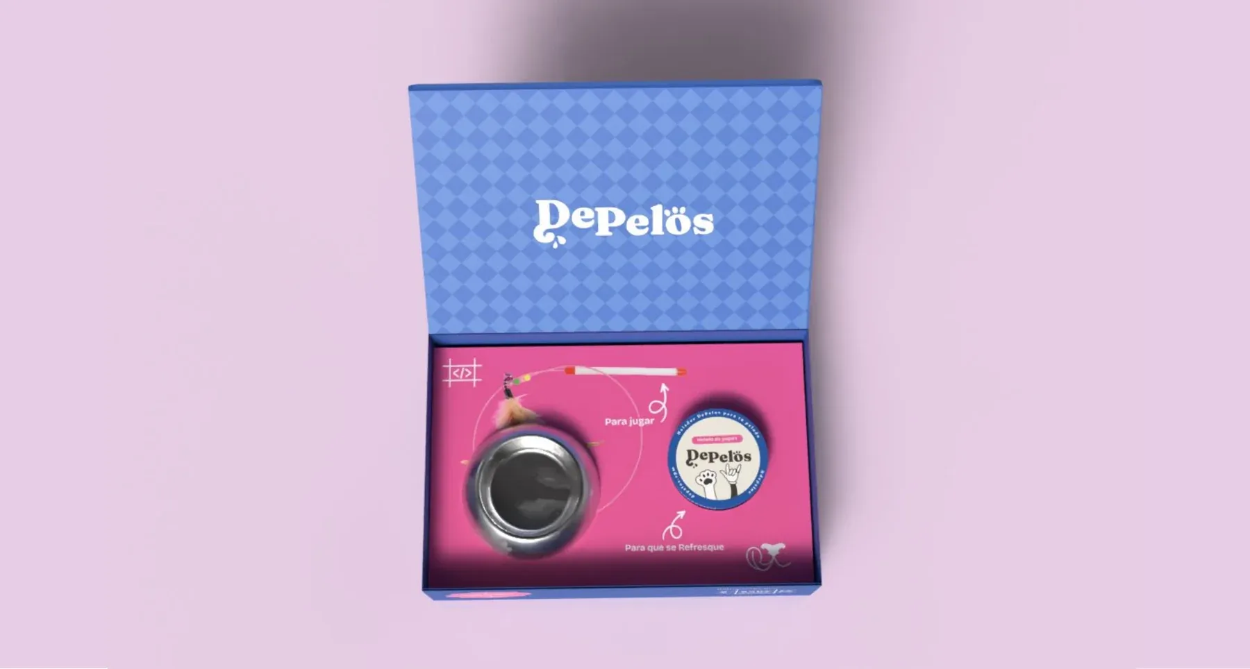 Caja DePelös con el helado, el plato y el juguete de varilla y plumas para gatos