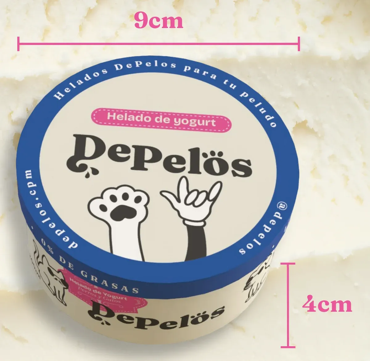 Envase de yogur helado DePelös de 9 cm de diámetro y 4 cm de altura