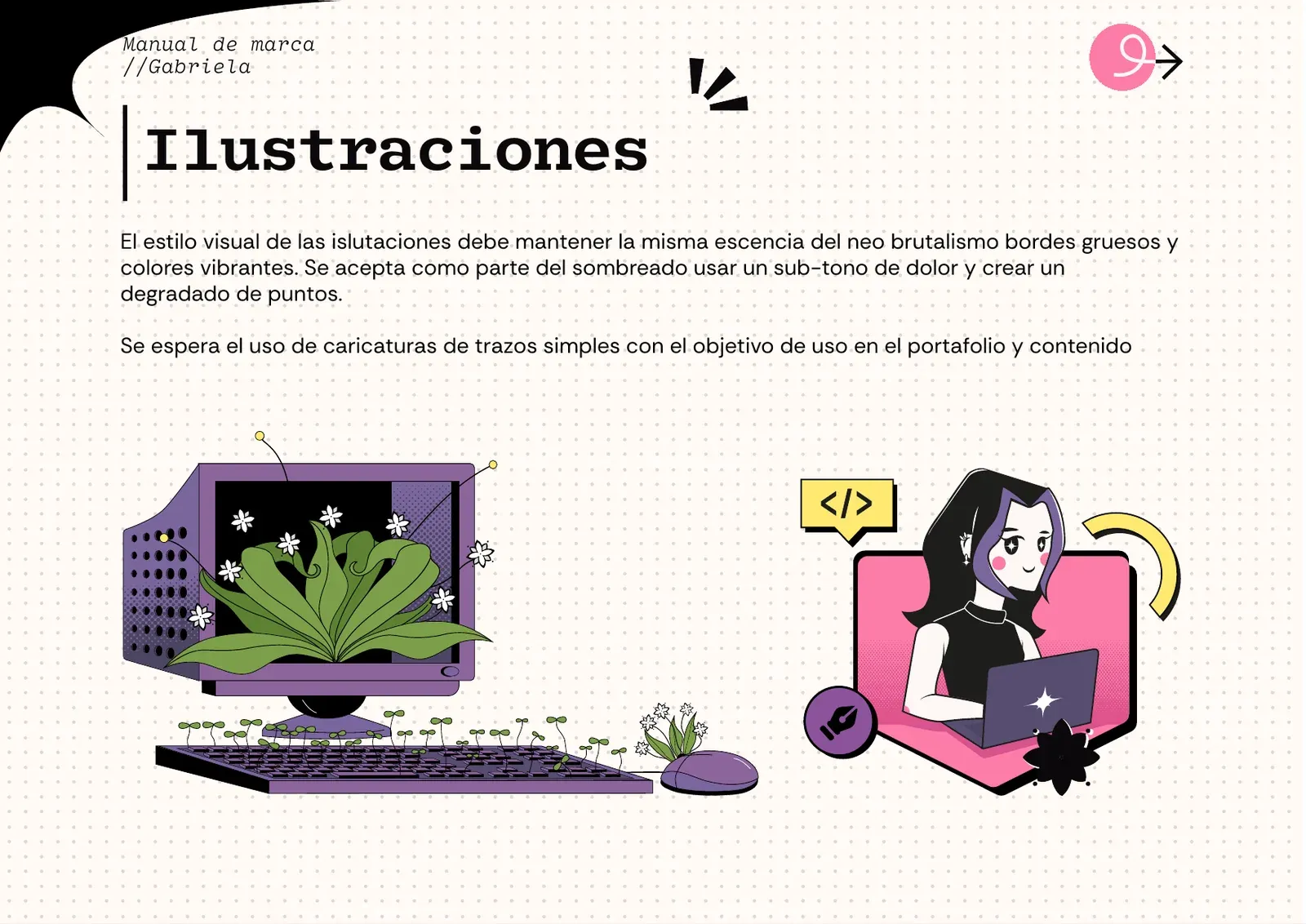 Ilustraciones neobrutalistas de una planta en un computador y de Gabriela trabajando