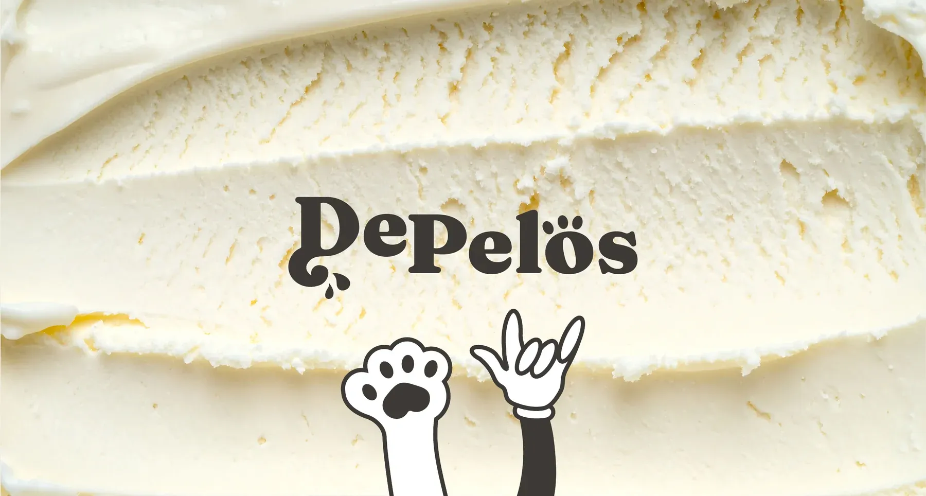 Logo de DePelös con una pata de perro y una mano haciendo el gesto rockero, sobre textura de helado