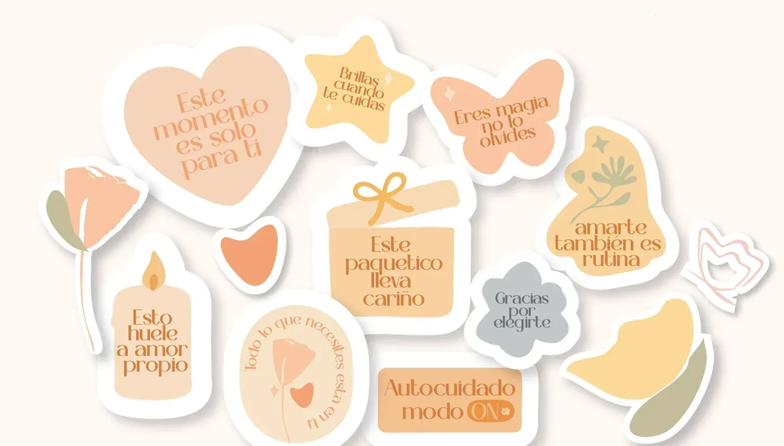 Stickers de la marca con mensajes como "Este paquetico lleva cariño" y "Eres magia, no lo olvides"