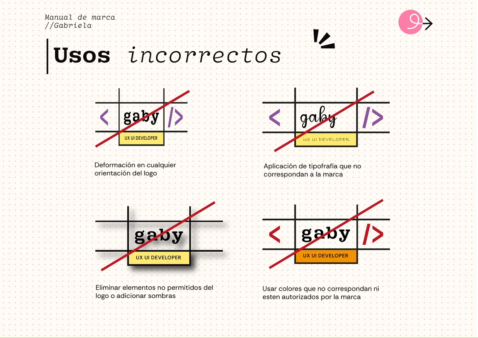 Ejemplos de usos incorrectos del logo: deformarlo, cambiar la tipografía, agregar sombras o usar otros colores